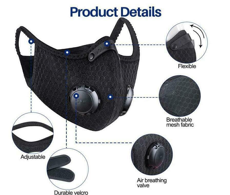 Reusable Face Mask Breathing Valves Sports Cycling Outdoor Active Carbon Filter