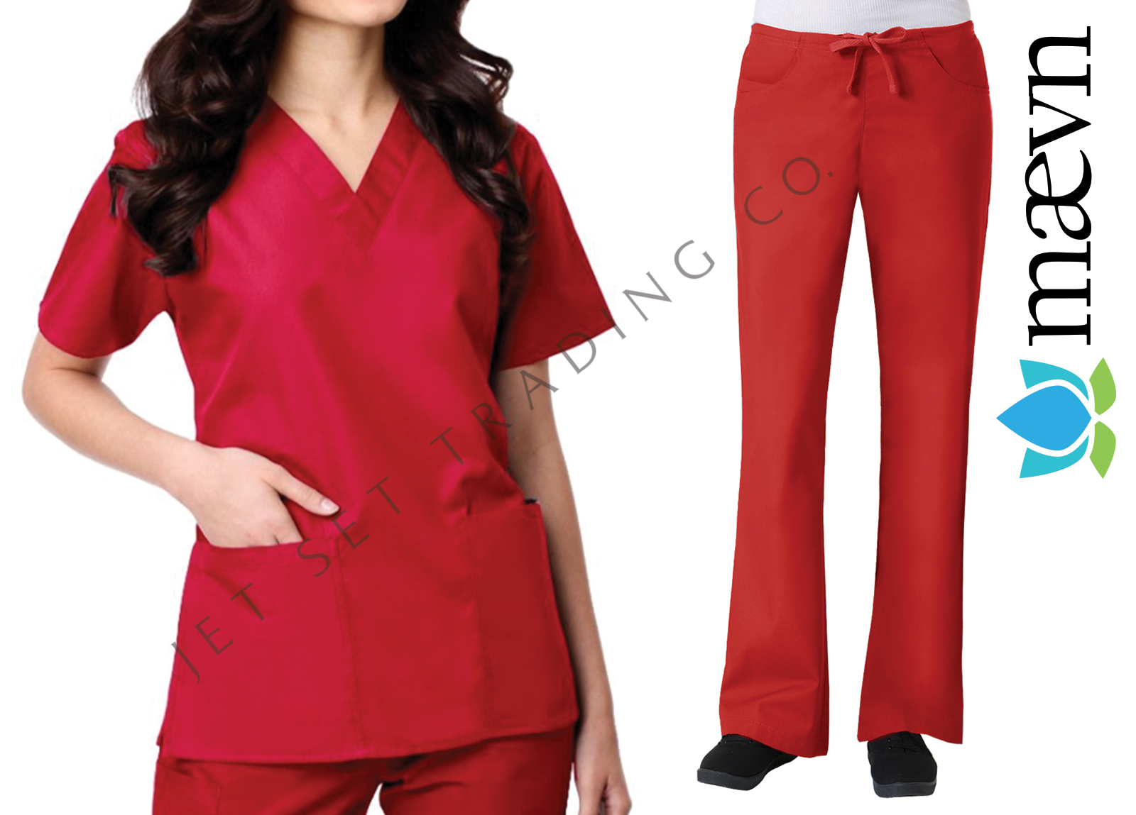 Maevn Women’s Red Scrub Set 2 Pocket V-Neck Top Flare Leg Pants Sizes 2XS to 2XL