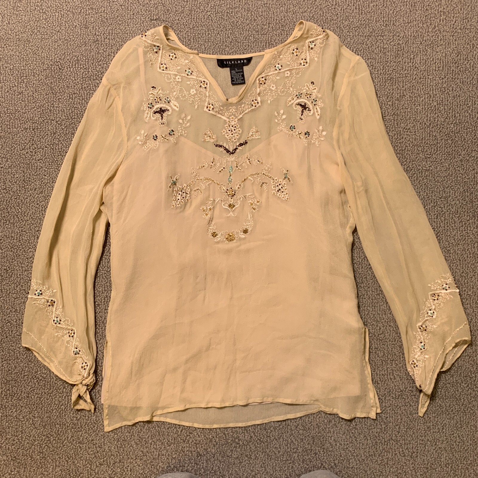 Silkland Layer Top Womens L Silk Semi Sheer Boho Coastal Cowgirl Embroider Bead