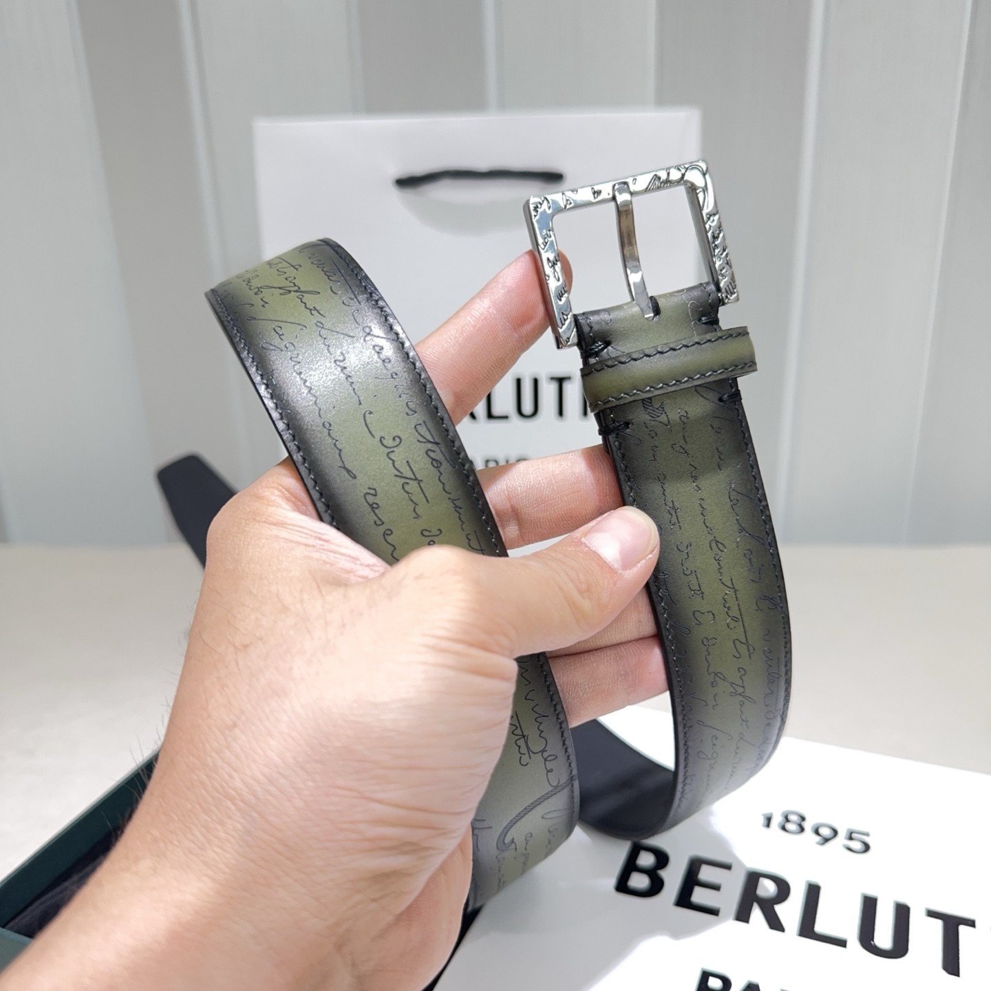 Burruti Classic Scritto Calligraphy Leather Belt Width: 3.4cm Size: 105cm