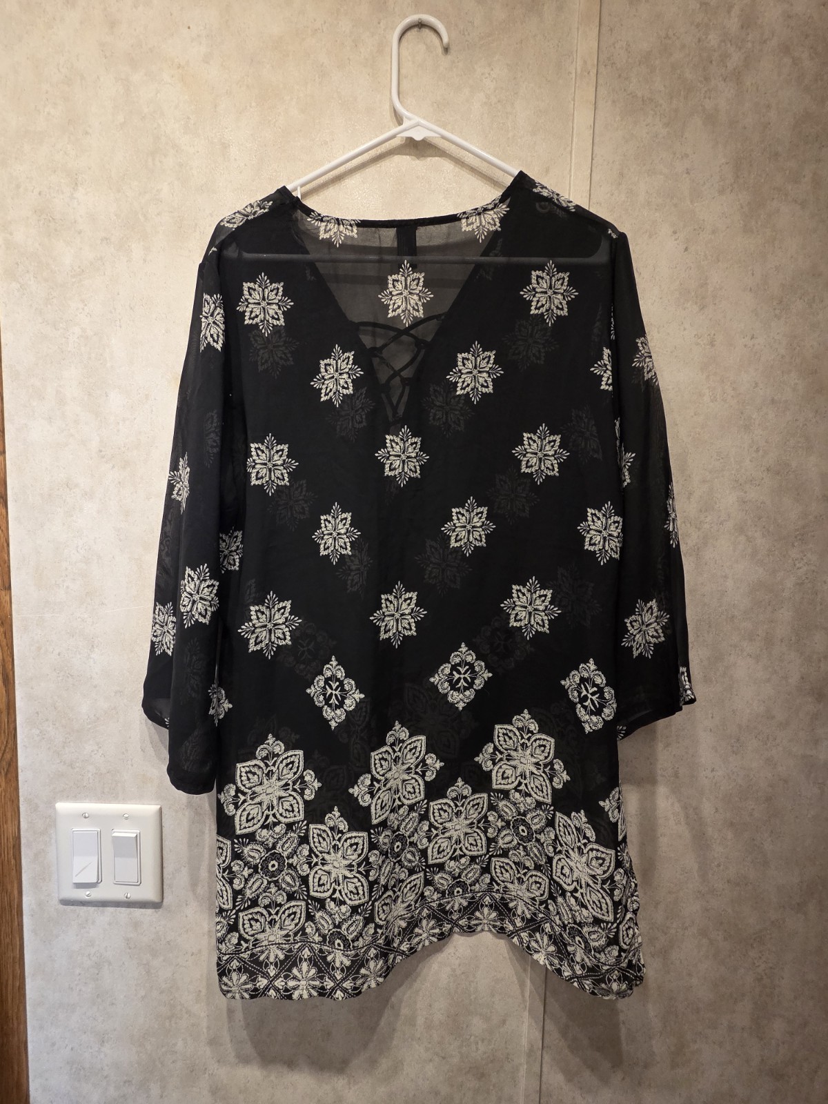 A.N.A Sheer Black Tunic Top White Pattern Lace Up V Neck Size Large Boho Beach