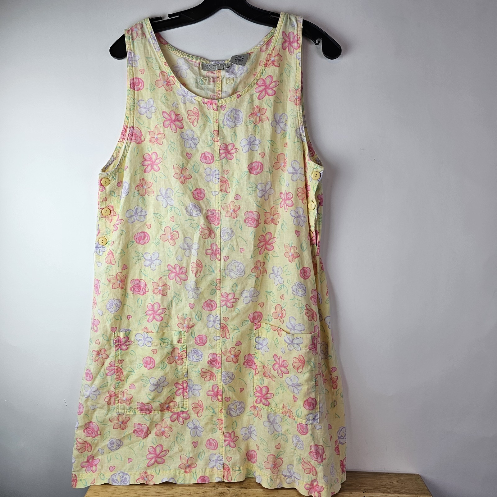 Lemon Grass Dress Womens Medium yellow Floral Linen Cotton Pockets Sleeveless