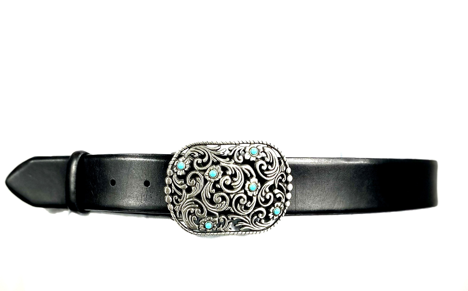 Faux Turquoise Silver Embossed Womens Black Belt Size L 45 inches Bonded Leather