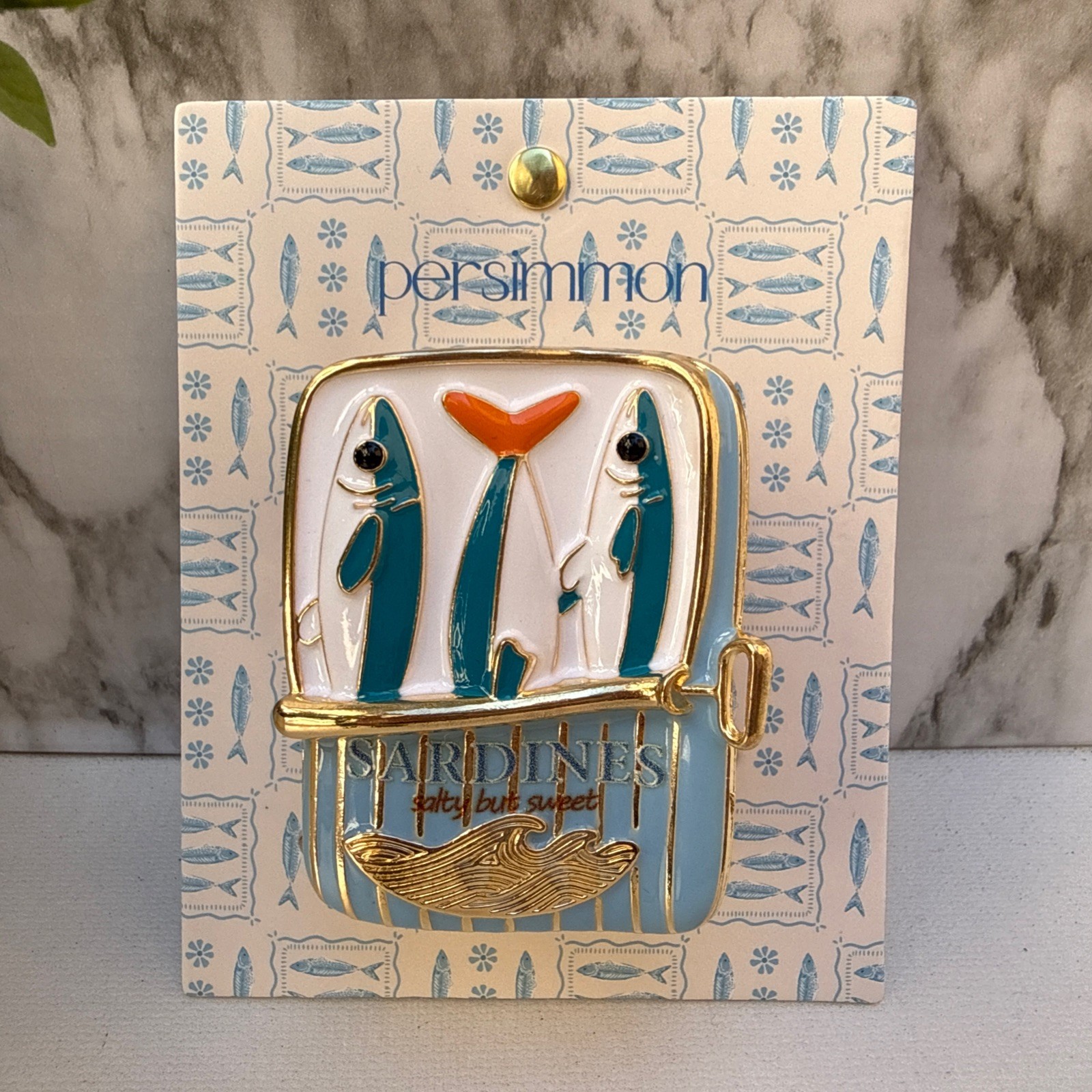 Persimmon Sardines Enamel Pin Brooch Salty But Sweet Fish Tin Gold Tone New