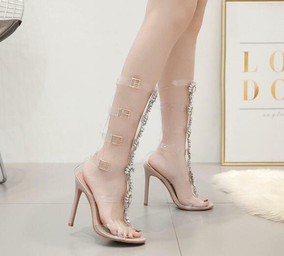 14cm Women Transparent Belt Buckle Hollow Roman Rhinestones Sandals High Heel