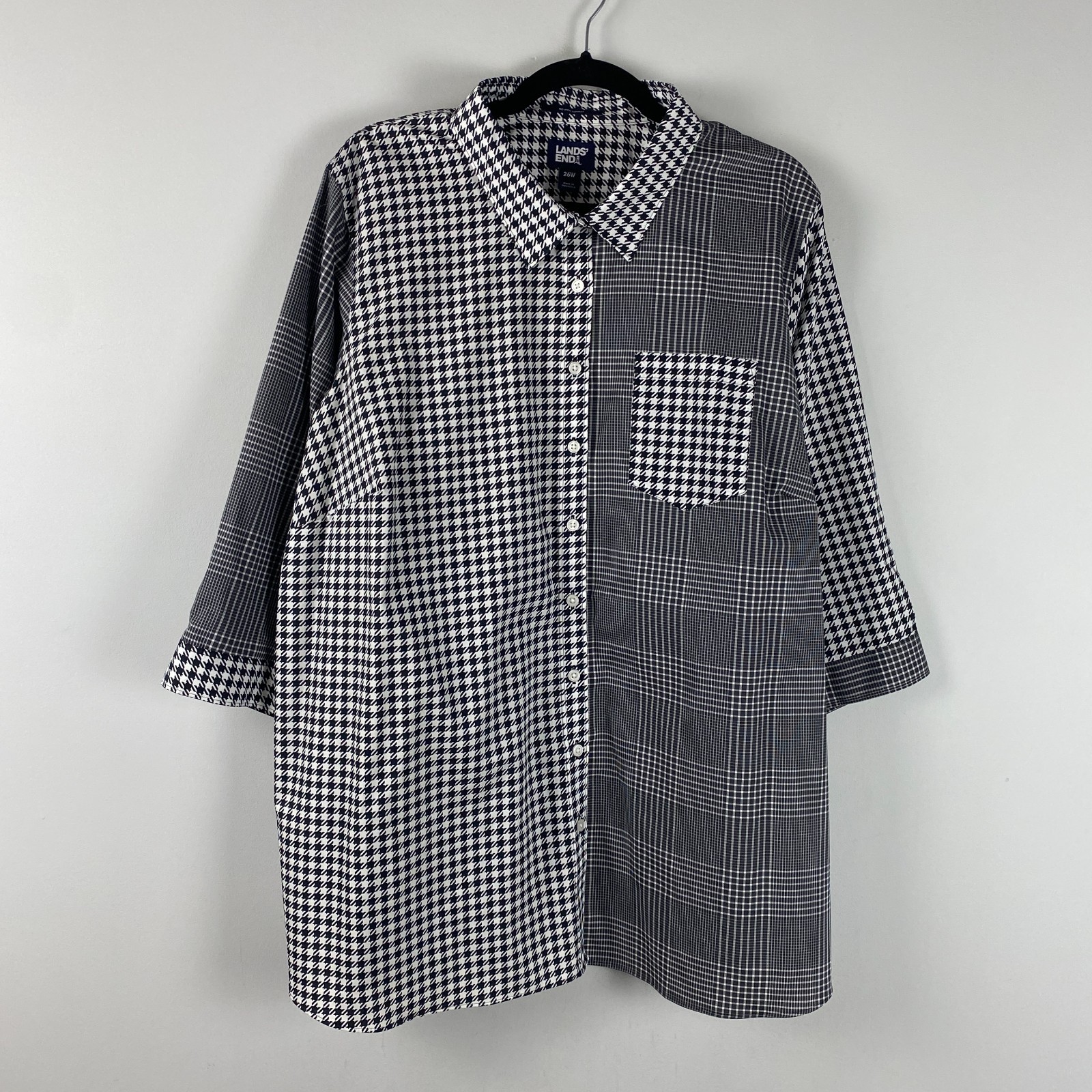 Lands End No Iron Supima Tunic Sz 26W Black White Houndstooth Plaid 3/4 Sleeves