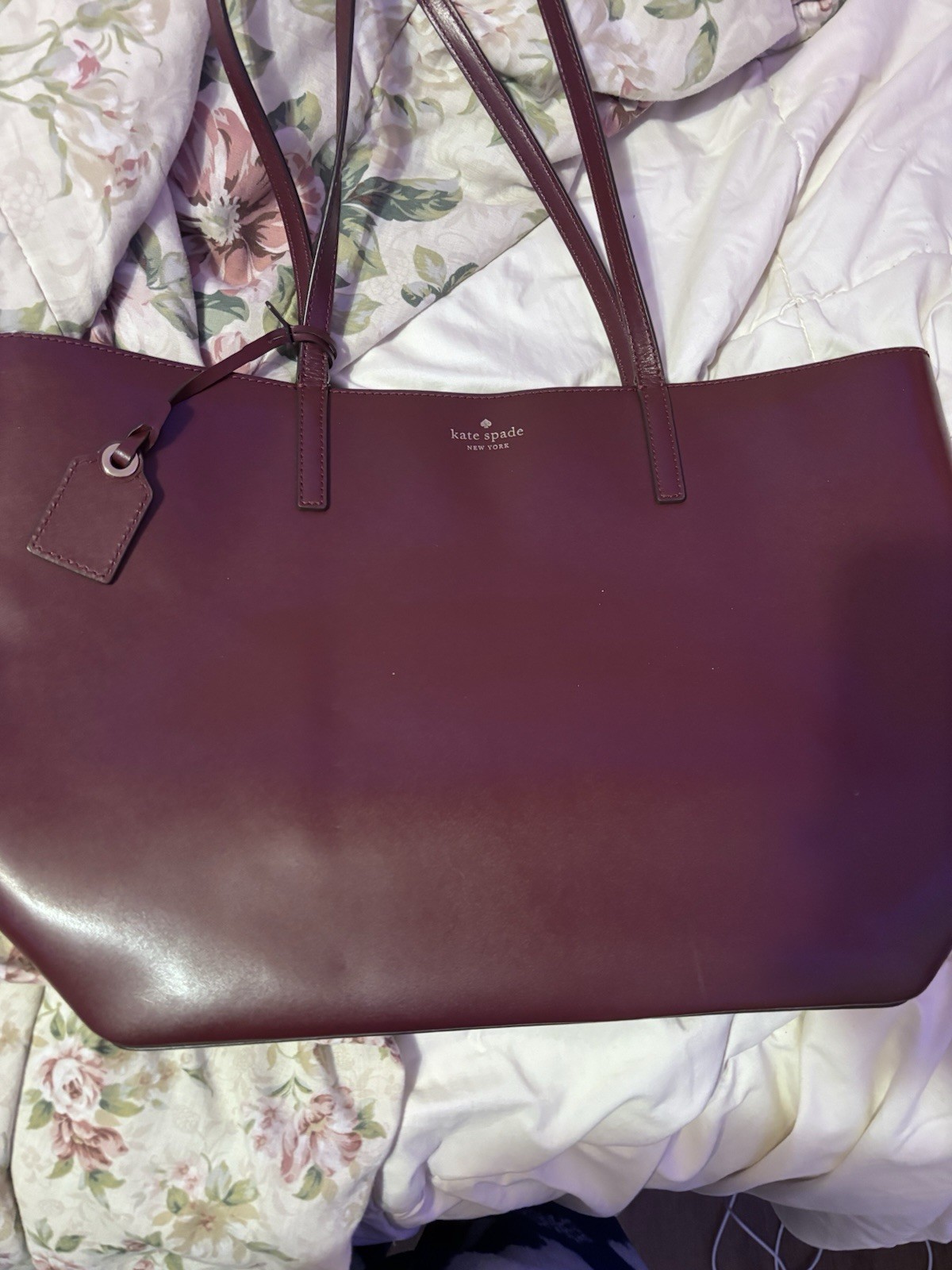 Kate Spade New York Burgundy Zip Tote Bag w/ Bag Charm, Gold Hardware