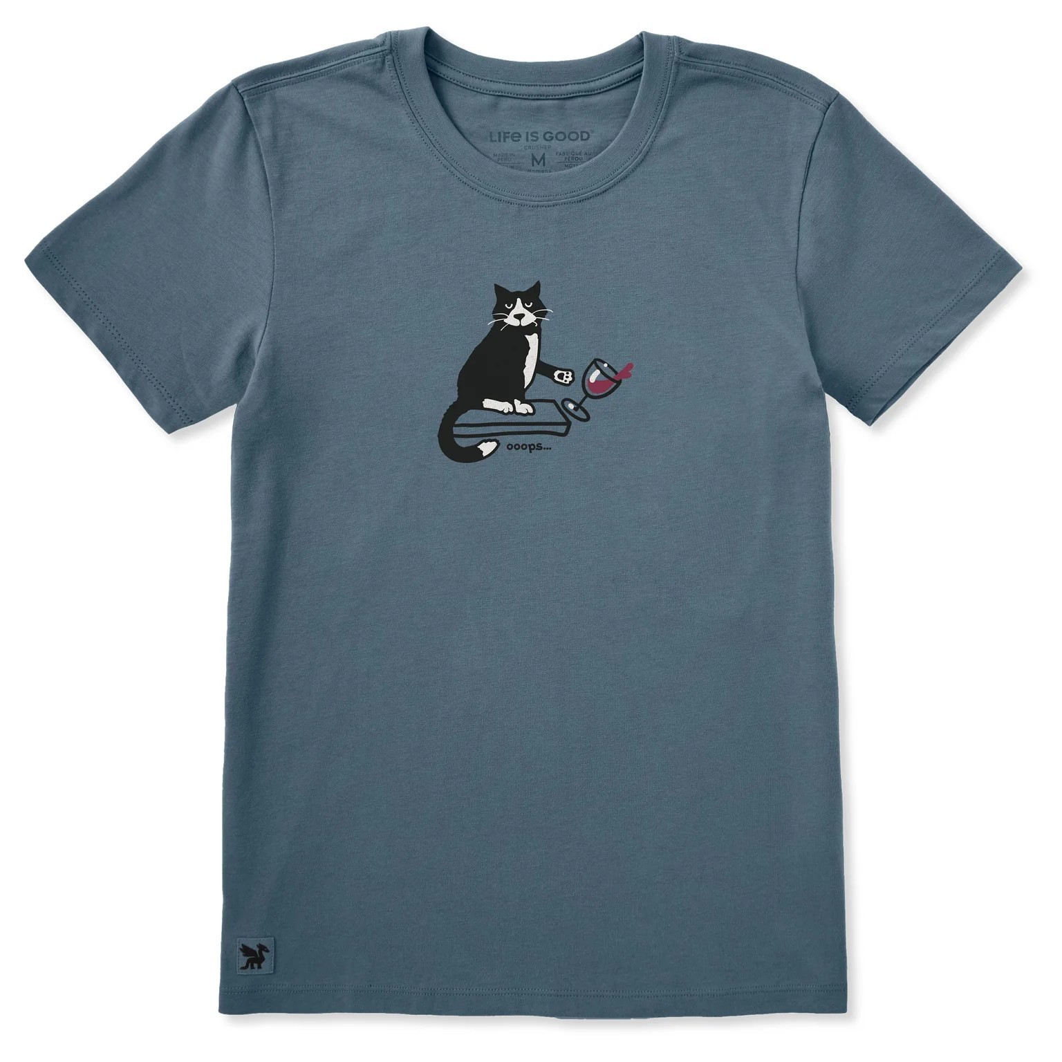 Life is Good. Women’s Oops Cat Short Sleeve Crusher Tee, Slate Blue