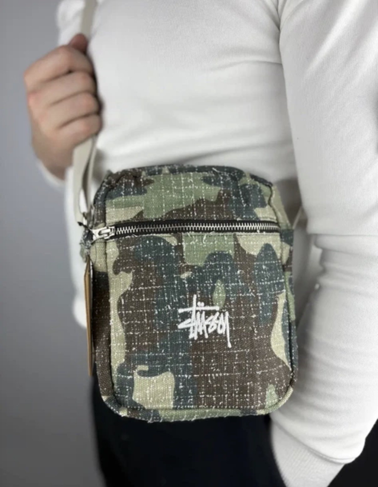 stussy green camo needlepoint shoulder bag