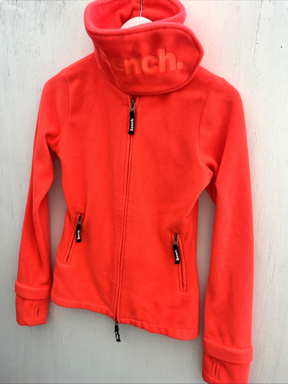 BENCH Vibrant Orange Logo Mock Neck Full Zip Fleece Jacket Pockets Women Size M