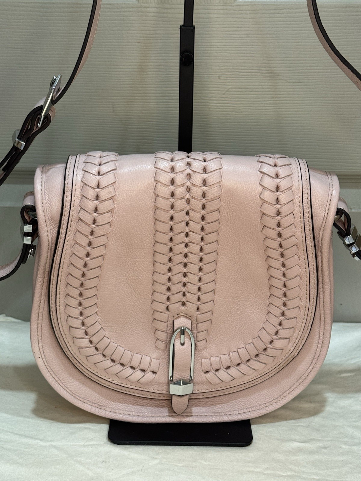 orYANY Amanda Blush Pink Italian Leather Saddle Crossbody Bag Whipstitch Flap