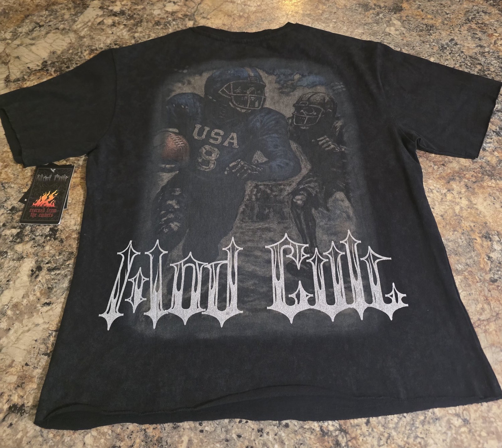 $78…Mod Cult “Football” size XL Distressed Heavyweight T-shirt Black.