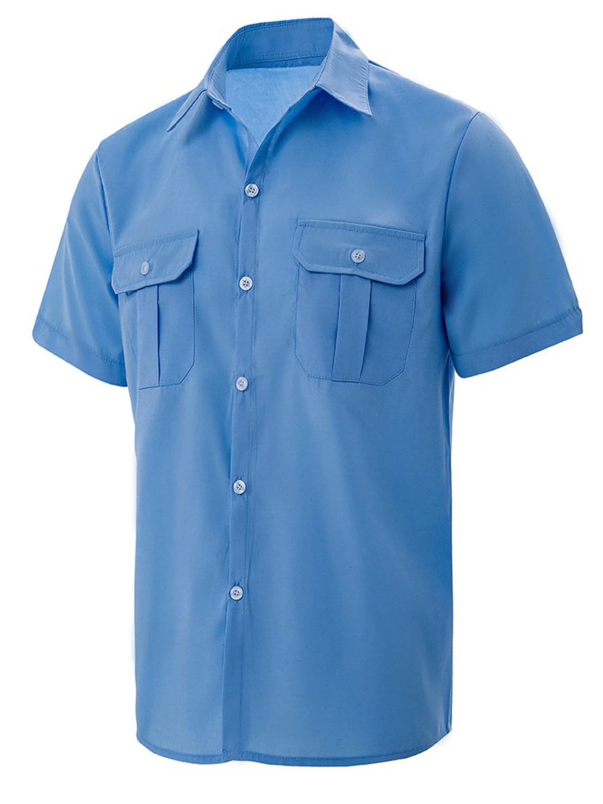 Men’s Summer Lapel Solid Short Sleeve Shirt with Two Pockets Casual Button