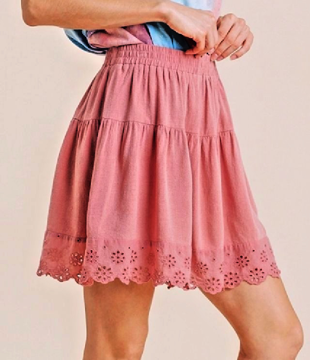 NWT UMGEE L 12 14 Rose Eyelet Detail Elastic Waistband Full Short Skirt Linen