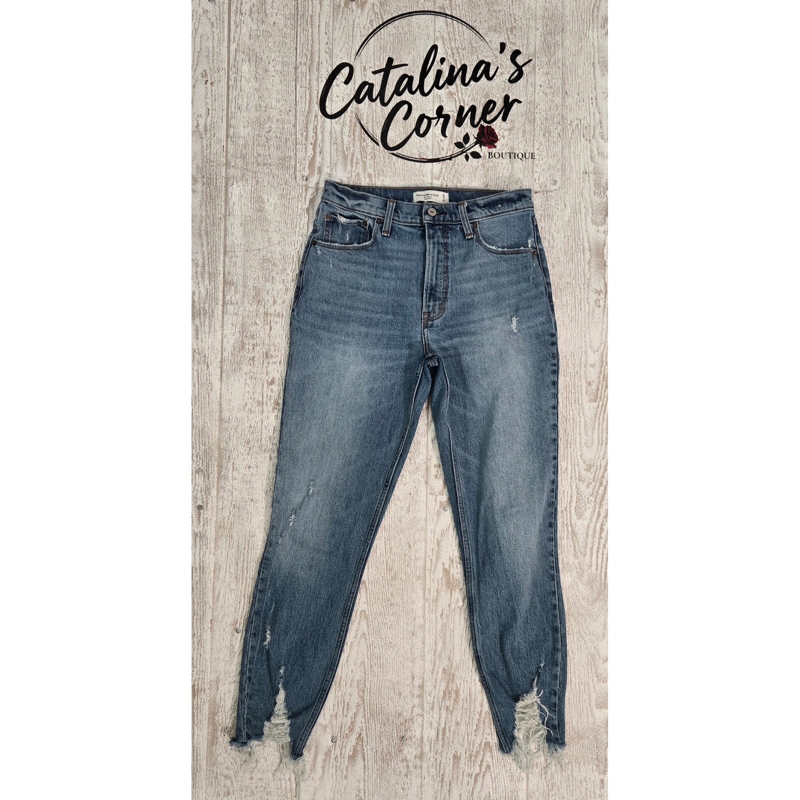 Abercrombie & Fitch The Skinny High Rise Distressed Jeans Medium Wash Raw Hem 6
