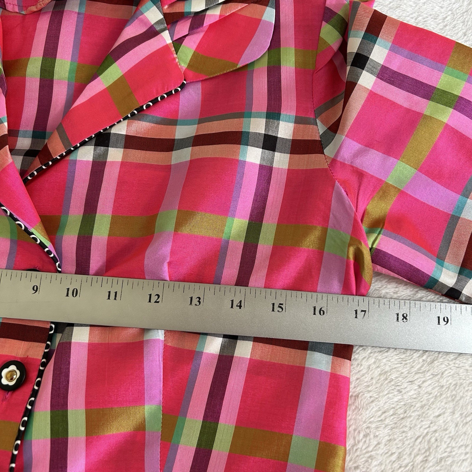 Marisa Baratelli Womens Blouse Size 4 Pink Plaid Button Up Collar 100% Thai Silk