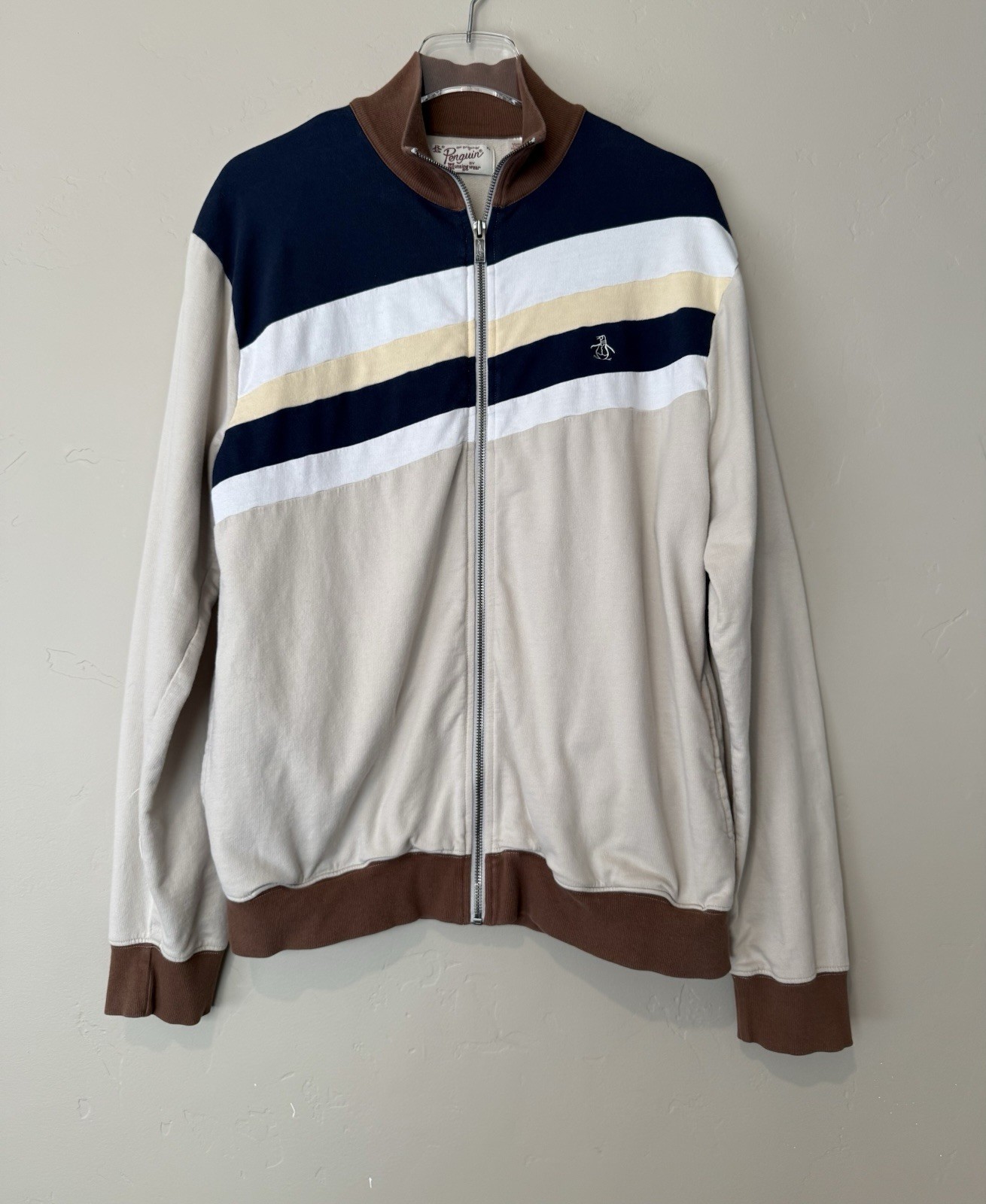 Original Penguin Jacket Mens XL Beige Navy Stripe Full Zip Track Colorblock