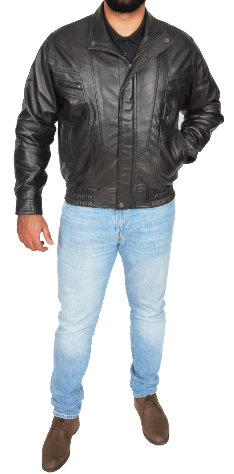 Gentlemens Bomber Soft Black Leather Jacket Classic Blouson Comfort Fit Coat NEW