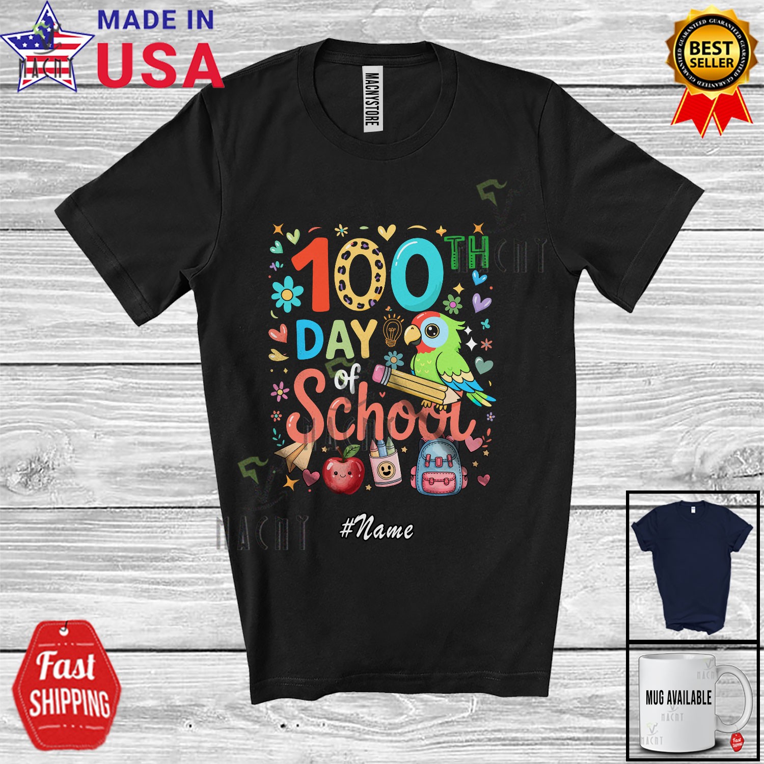 Custom Name 100th Day Of School; Adorable Parrot Pencil; Teacher Students Shirt