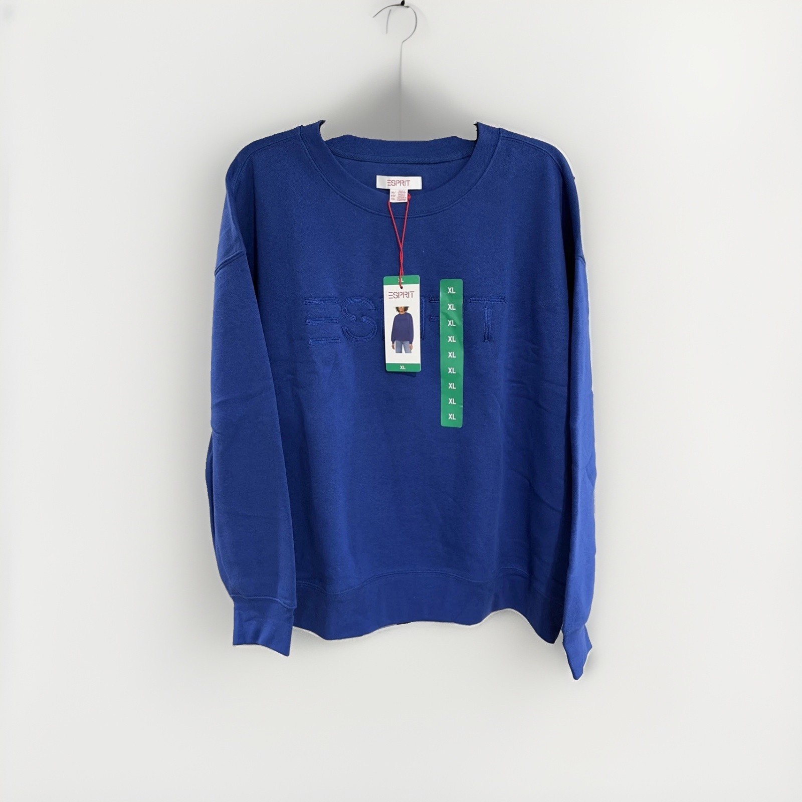 Esprit Women’s Logo Fleece Crewneck Sweatshirt Blue Viral 80’s Costco XL NEW