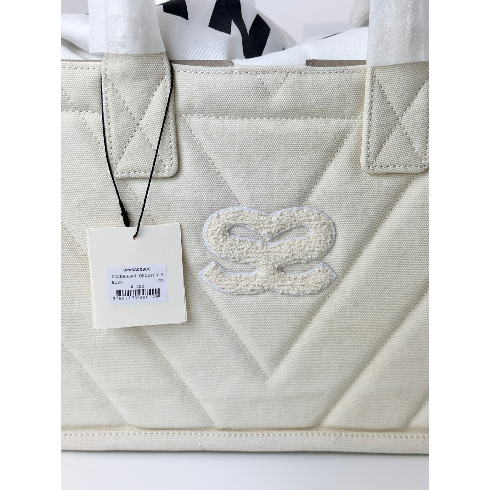 Sandro Kasbah Quilted Canvas Tote Bag Beige Cream Ecru Logo Minimalist $320 NWT
