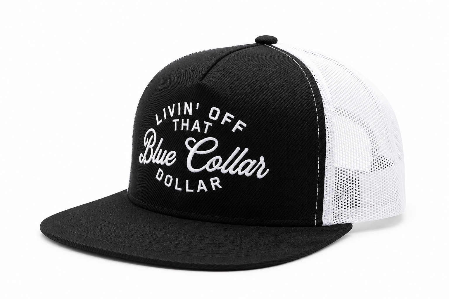 LIVIN’ OFF THAT BLUE COLLAR DOLLAR EMBROIDERED SNAPBACK TRUCKER HAT BLACK/WHITE
