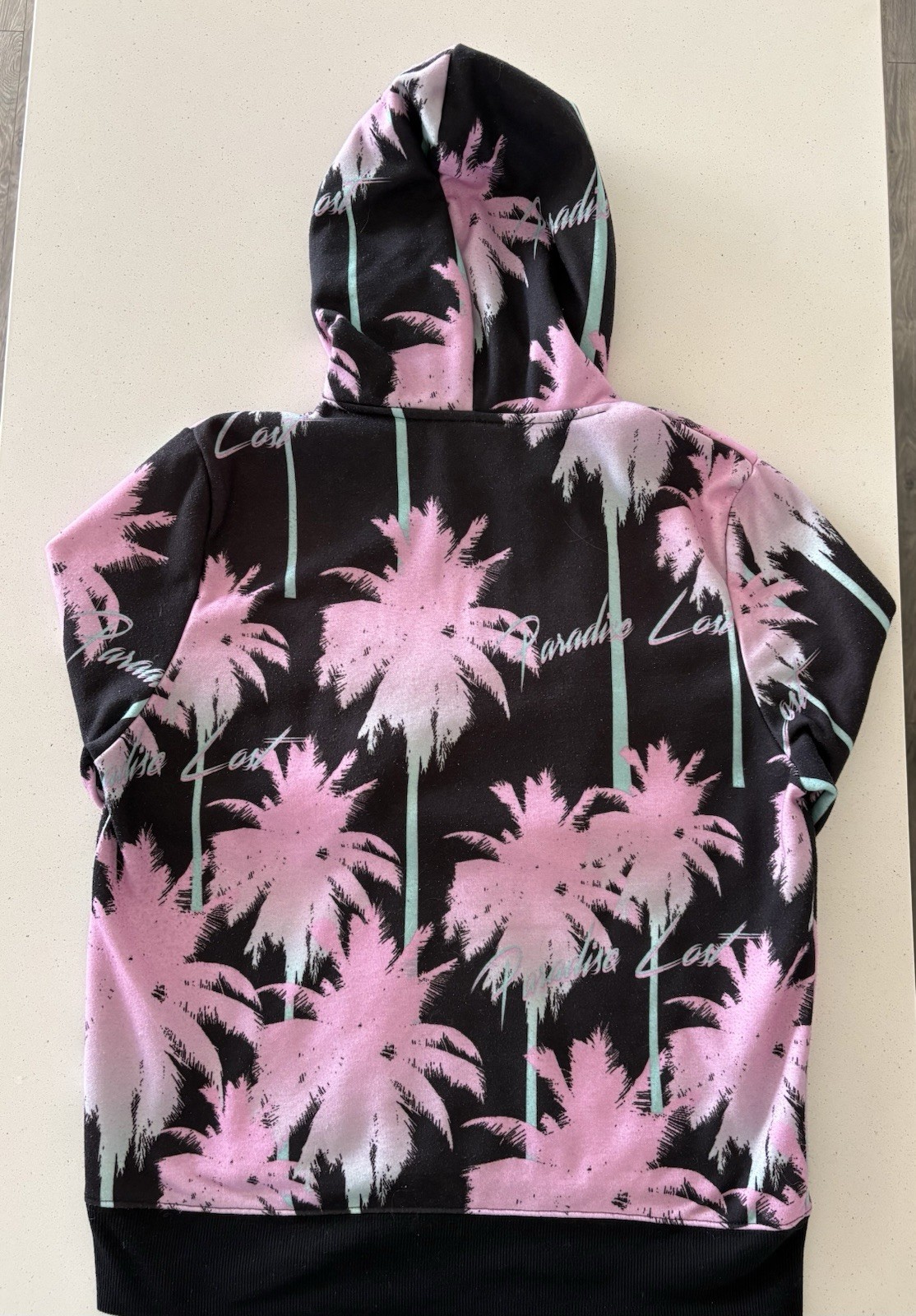 WeSC Men’s Pullover Hoodie Size M Black/Pink/Mint Tropical Palm Graphic