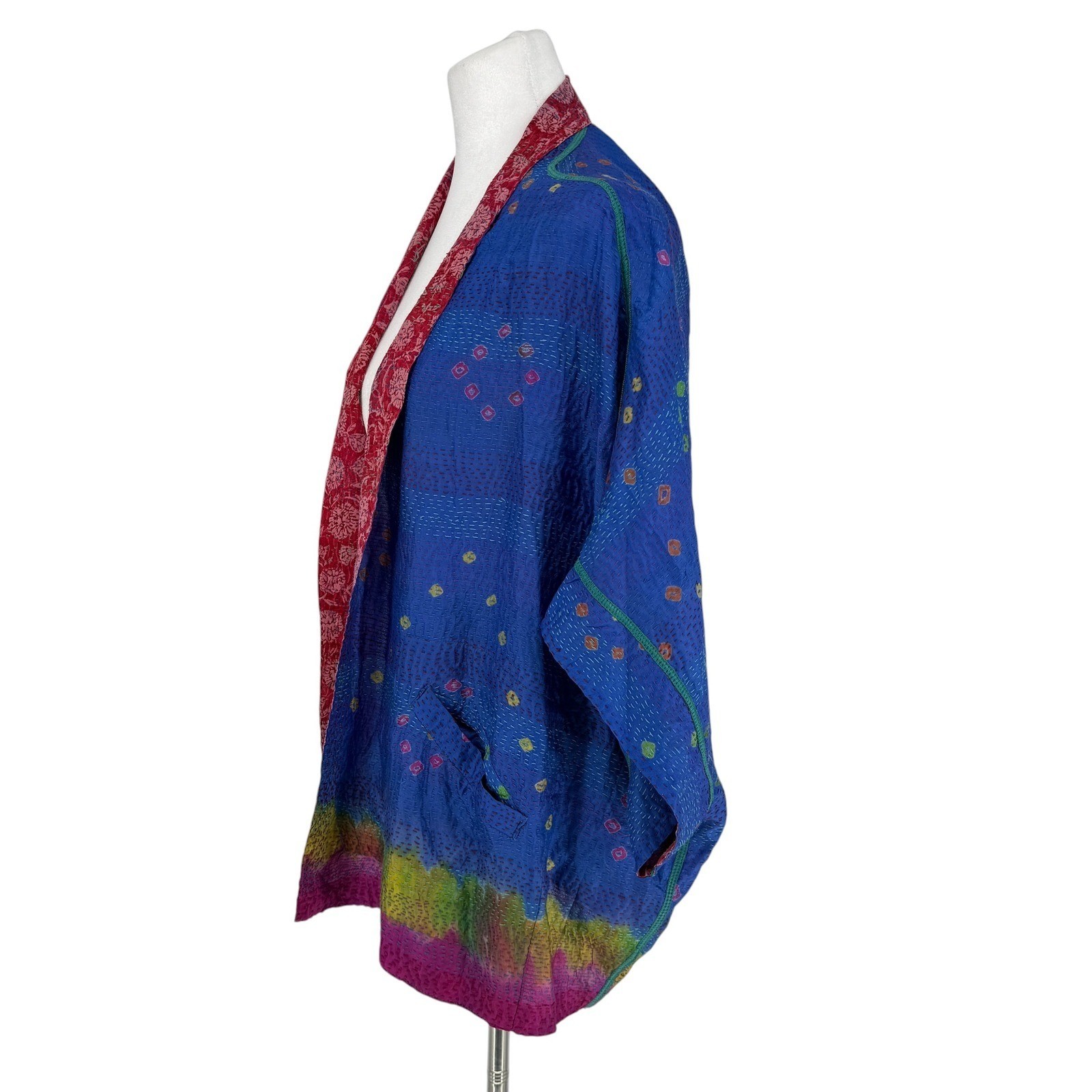 Mieko Mintz Reversible 100% Silk Kantha Jacket Red Blue Floral Bandhani OS India