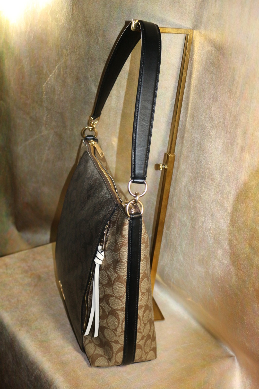 COACH SLIMLINE SIGNATURE C, LT & DK BROWN, BLACK ACCENTS, TWO SIDE ZIPPERS