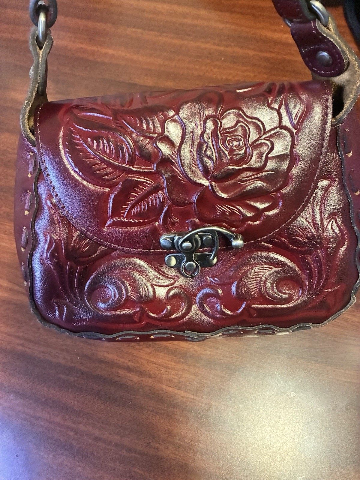 Patricia Nash Burgundy Floral Tooled Embossed Crossbody Latch Adjustable Strap