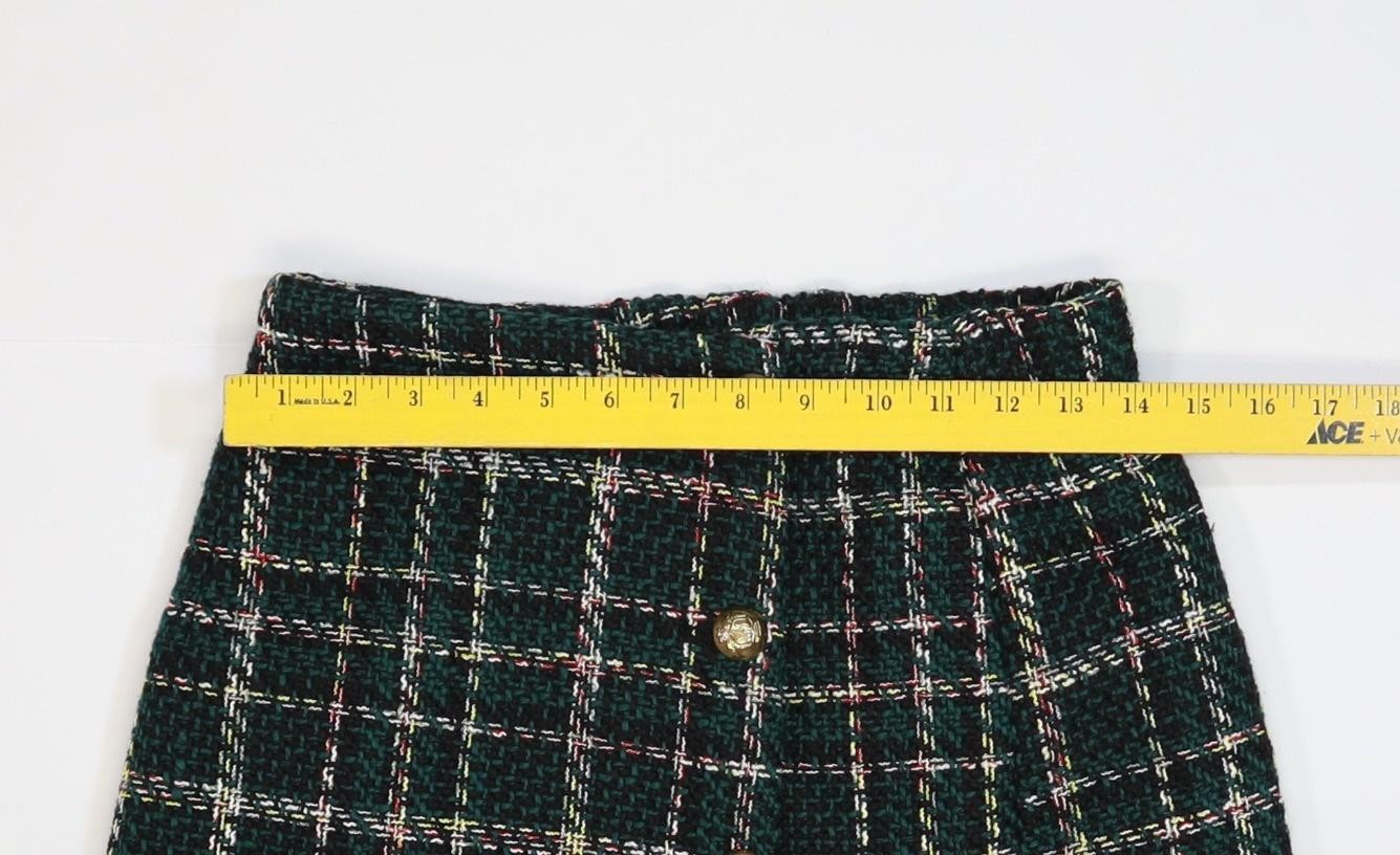 Simplee Skirt Womens Small Green Plaid Tweed Mini Button Front Elastic Waist