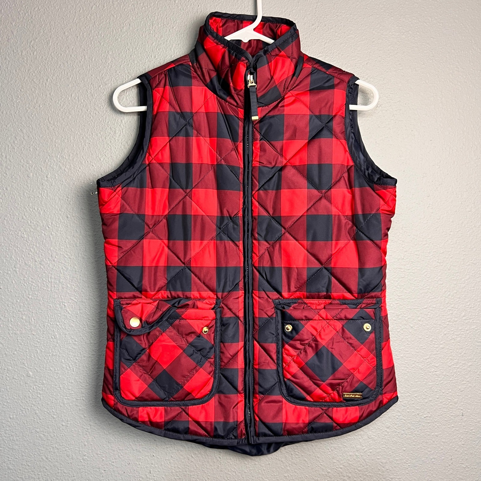 US Polo Assn Mens Red Navy Buffalo Plaid Quilted Puffer Vest Small Campfire Cozy