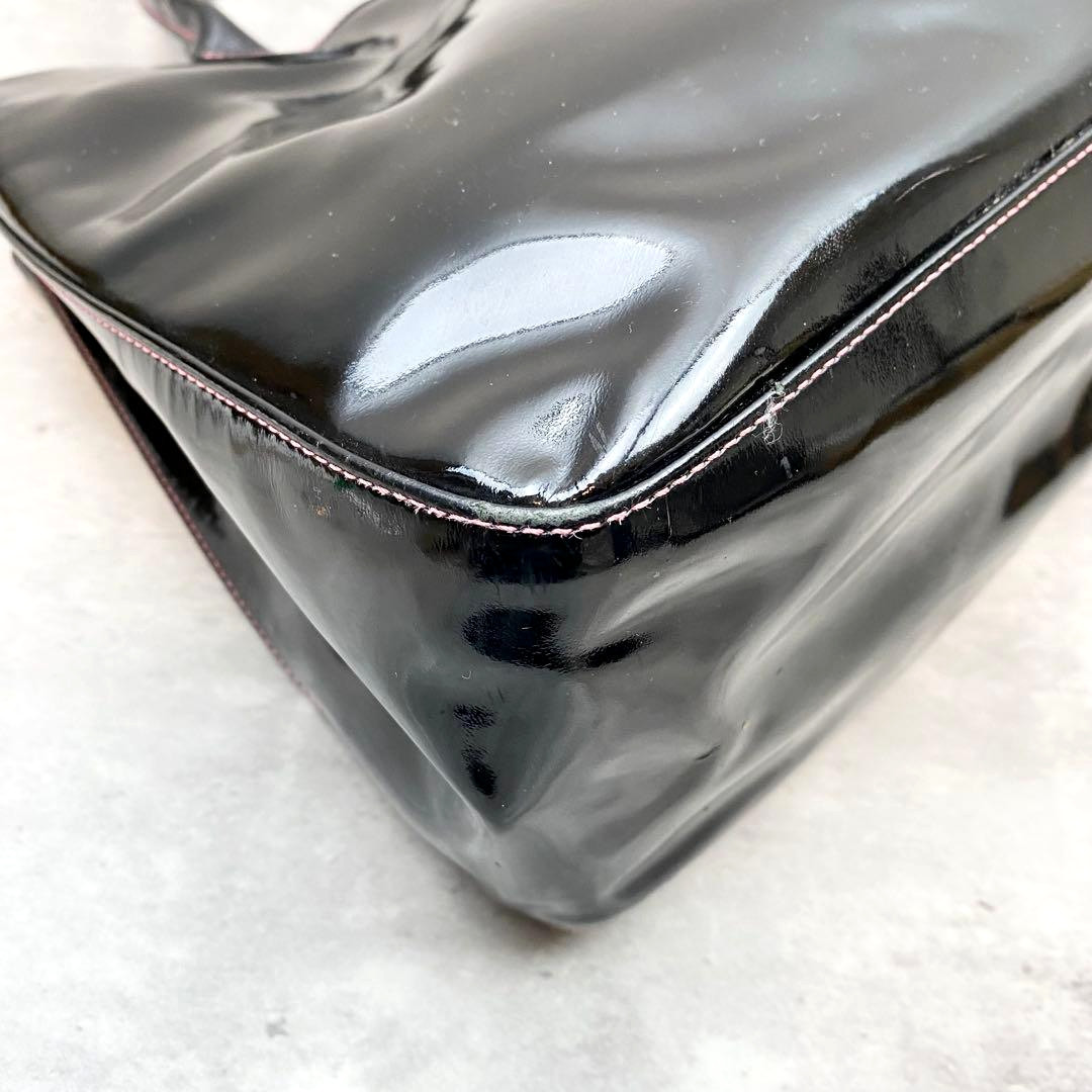 Longchamp Roseau Tote Bag Black Patent Leather A4 Documents Work 13.7in Auth