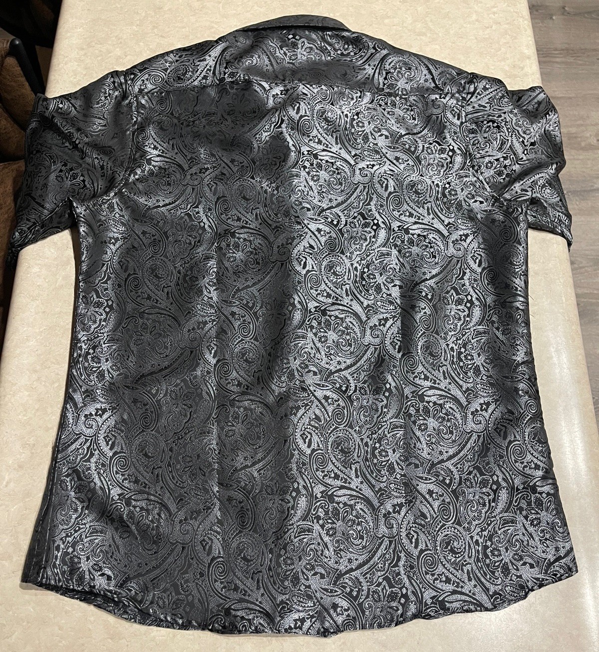 Barry Wang Men’s Black & Gray Paisley Silk Button Down Front Dress Shirt Sz M