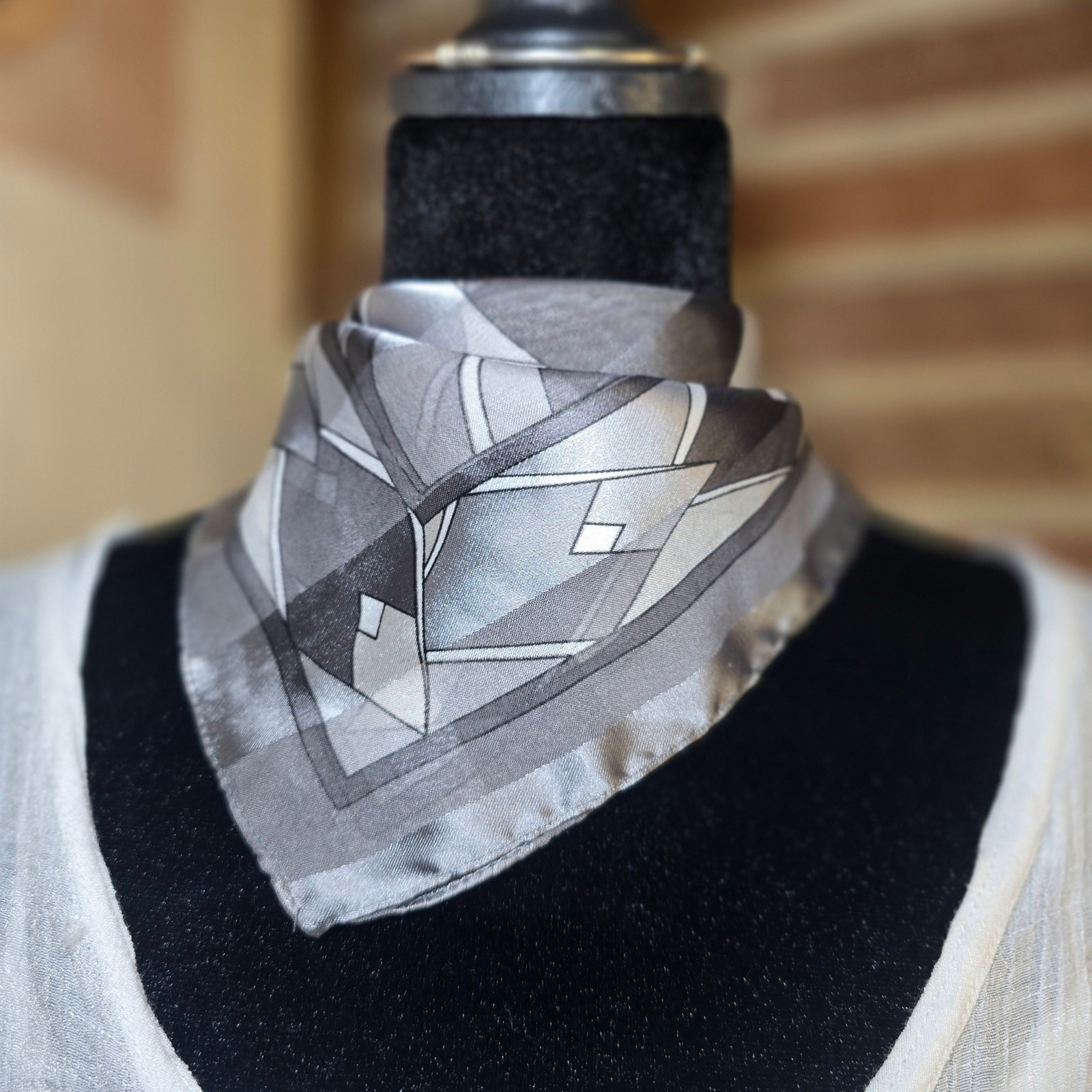 Vintage Made in Italy Geometric Abstract Square Scarf Handkerchief Grey RN 14750