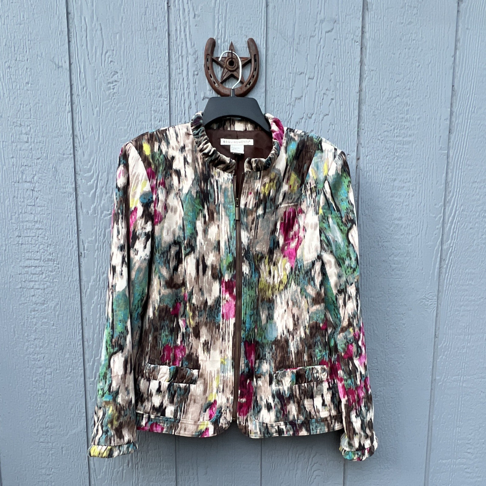 Requirements Multicolor Abstract Full Zip Jacket w/ Pockets Ruffle Women’s L