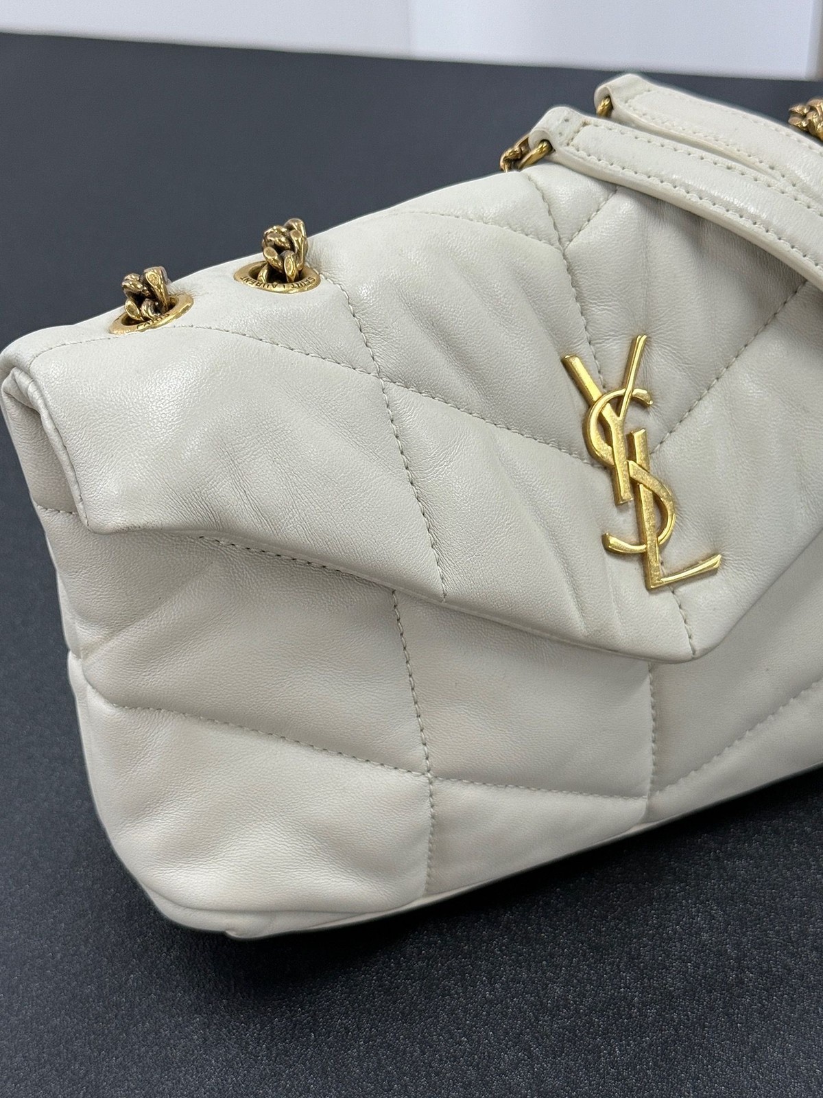 Saint Laurent Loulou Puffer Mini White Leather GHW Chain Crossbody Bag Auth