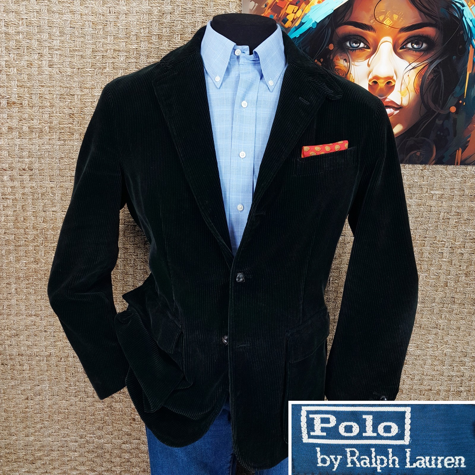 Ralph Lauren POLO Size 44 R BELTED NORFOLK JACKET Black Corduroy Leather Buttons
