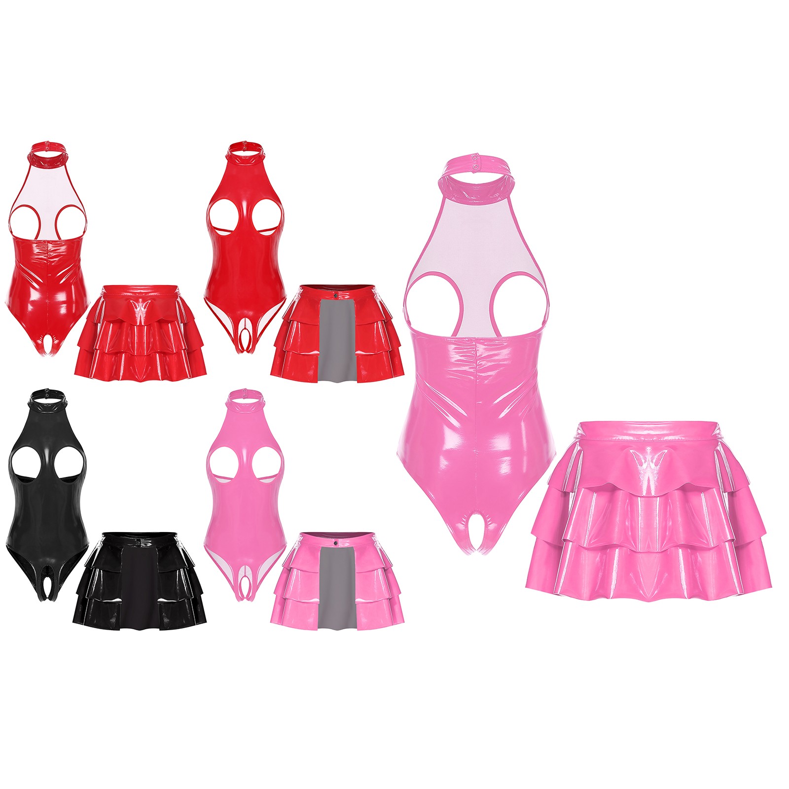 Women Pvc Leather Wet Looking Bare Exposed Breast Teddy Out A-line Flared Skirts