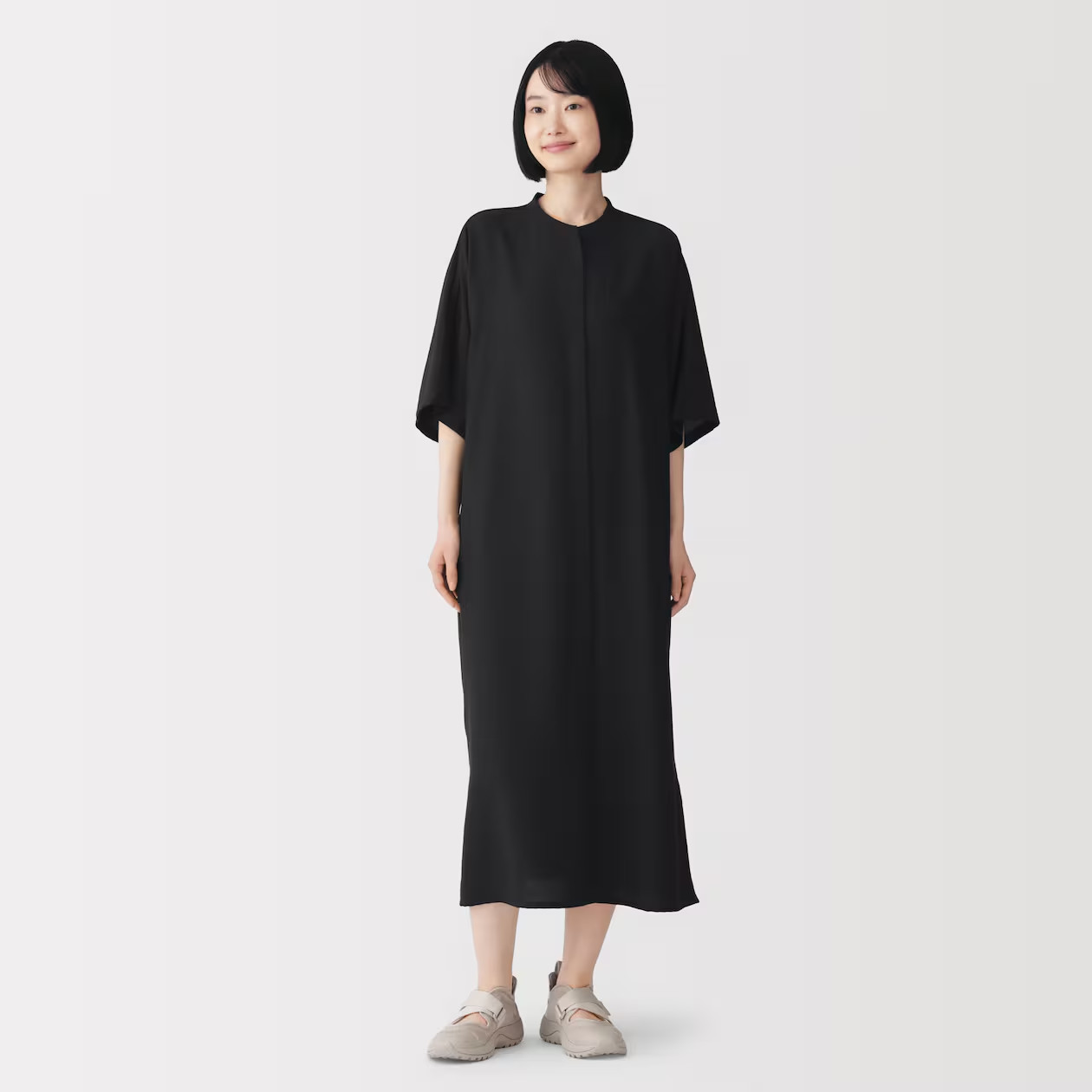 MUJI Womens Smooth 1/2 Sleeve Dress Black FedEx