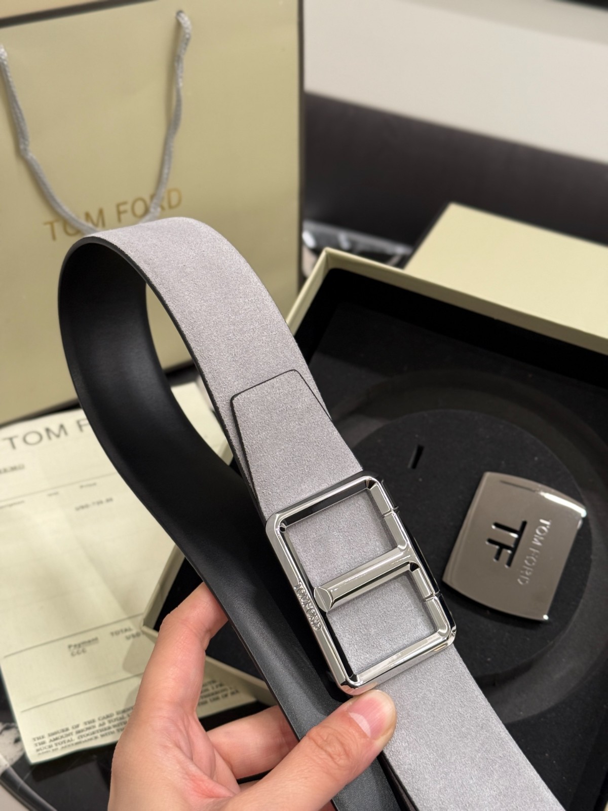 Tom Ford Mens T Logo Gray /Black Calfskin Leather Dress Belt S.S. Buckle
