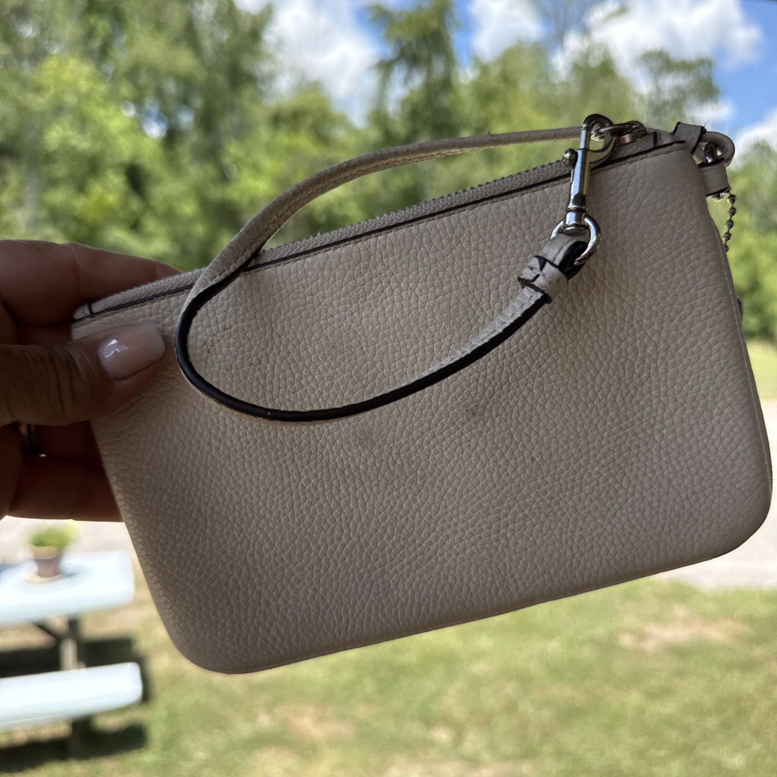 Coach Nolita Wristlet In White Pebbled Leather W/ Silver Stud Accents NY Logo