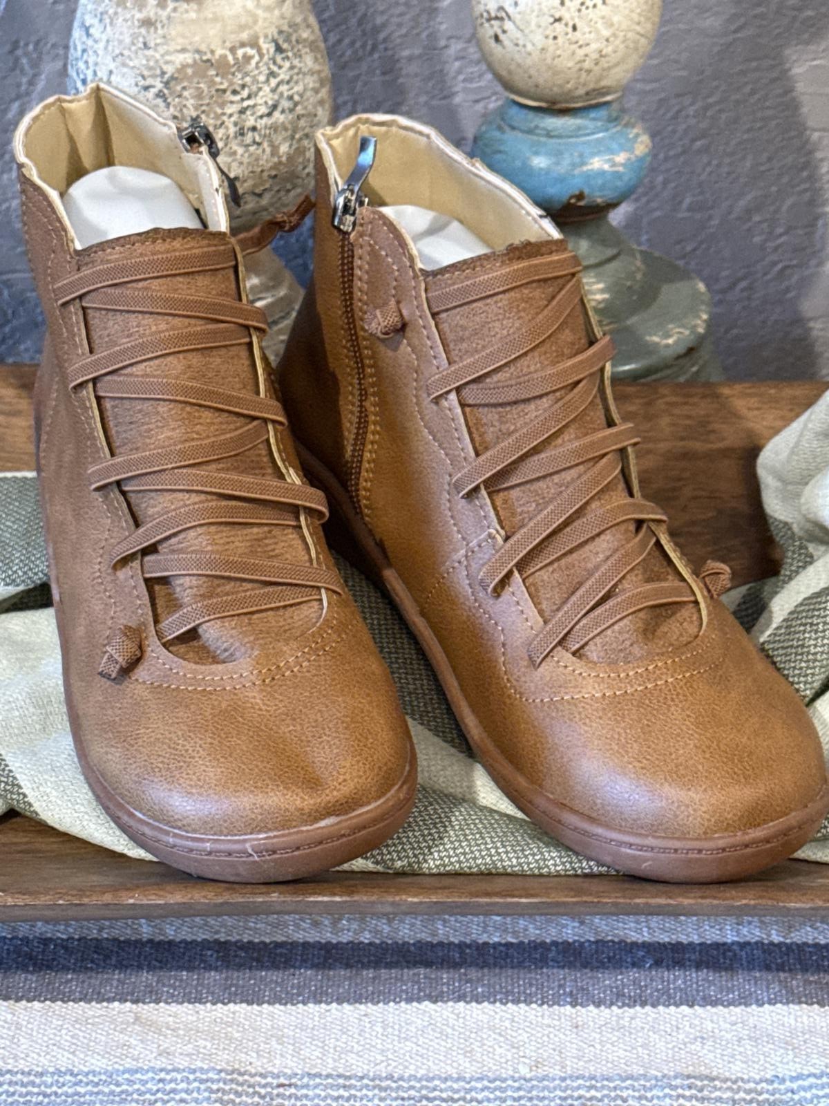 Brown Ankle Boots with Side Zipper and Lace-Up Detail