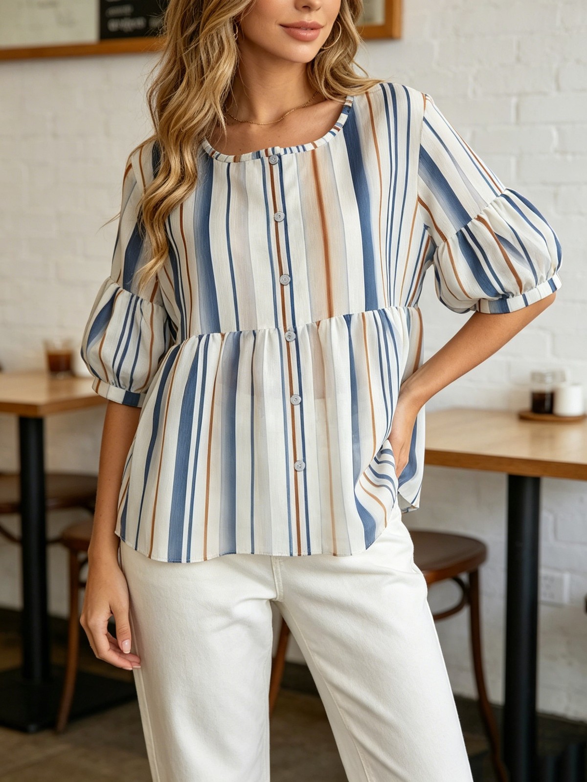 Short Puff Sleeve Crew Neck Button Shirt Light Breathable Cozy Daily Wear Blouse
