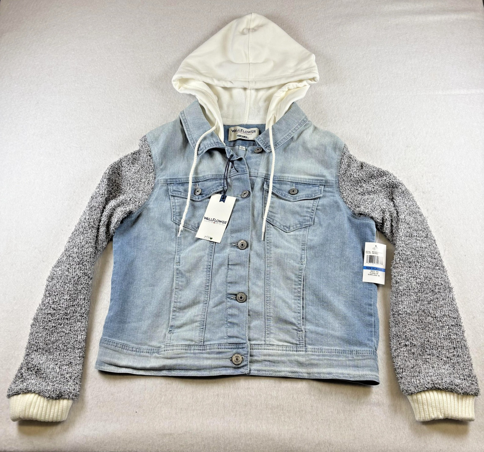 Wallflower Jacket Womens XL Blue Cina Wash Dreamer Hooded Knit Sleeve Denim Y2K
