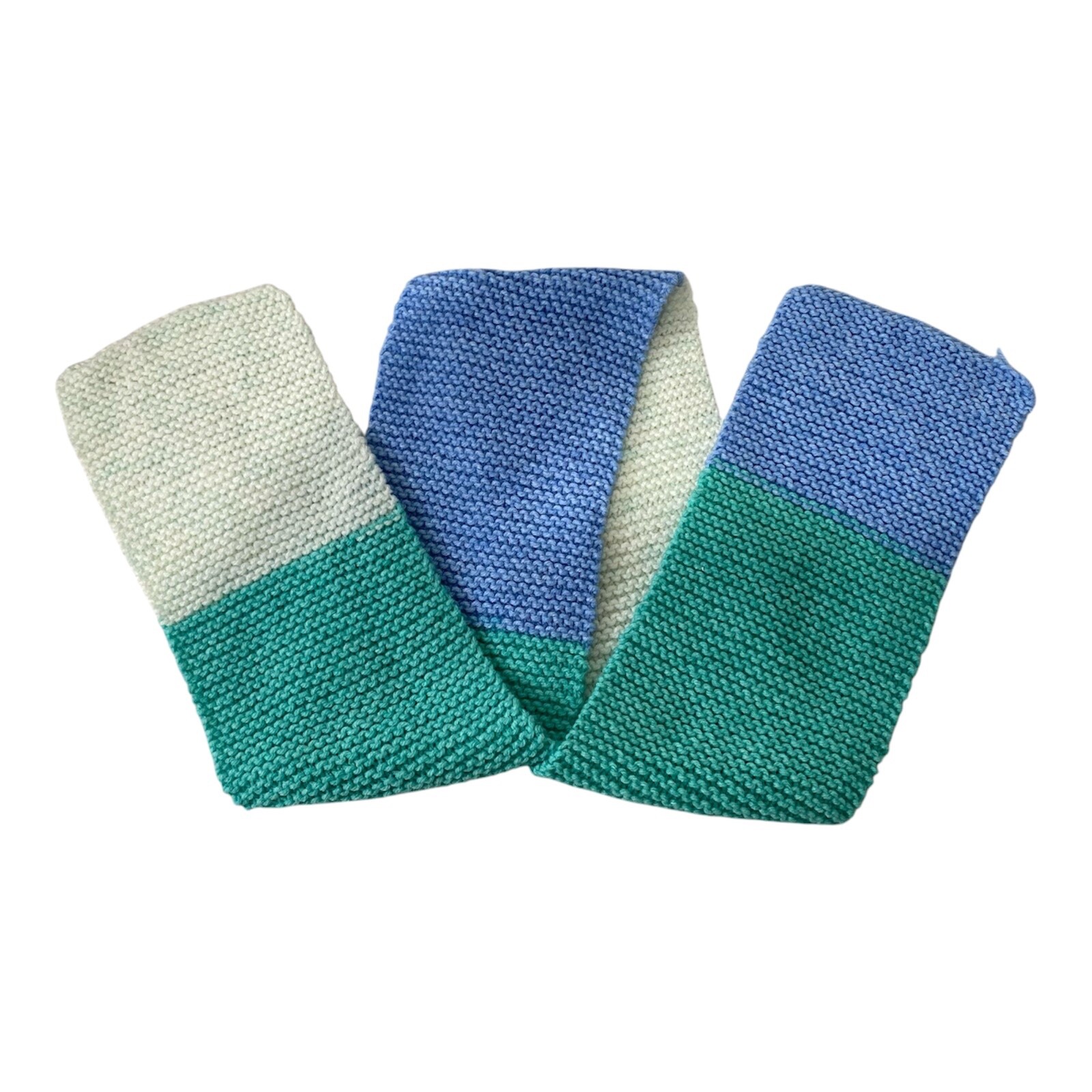Crochet Knit Scarf Handmade Blue Green White 6.5 Inches X 64 Inches