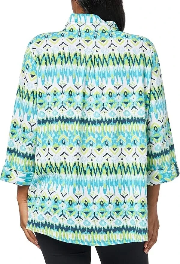 NWT ALI MILES Blue Green Ikat Floral Linen Artsy Toggle Button Up Top SIZE 2X