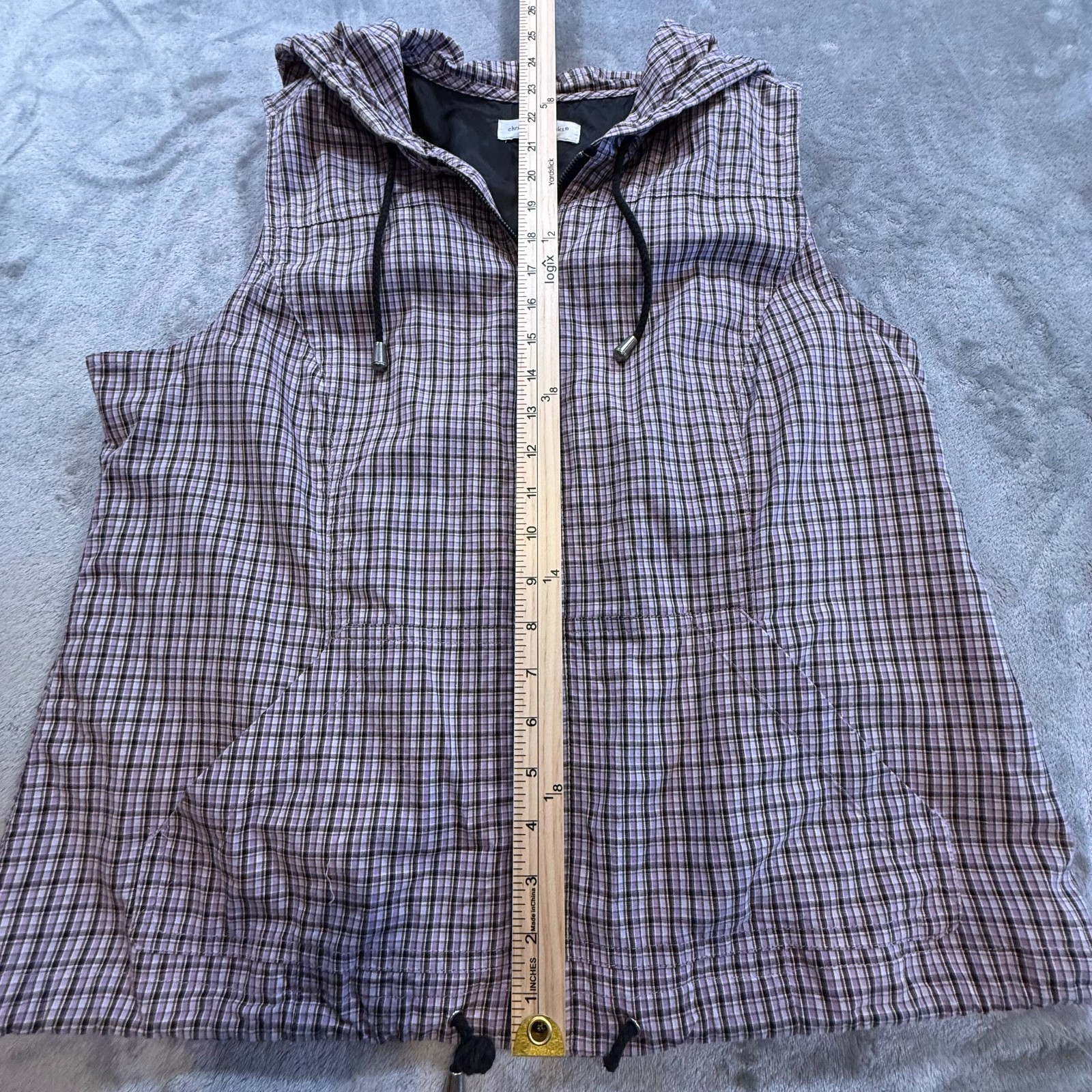 Christopher & Banks Womens Purple Plaid Hooded Zip Up Vest Large L Pocketed