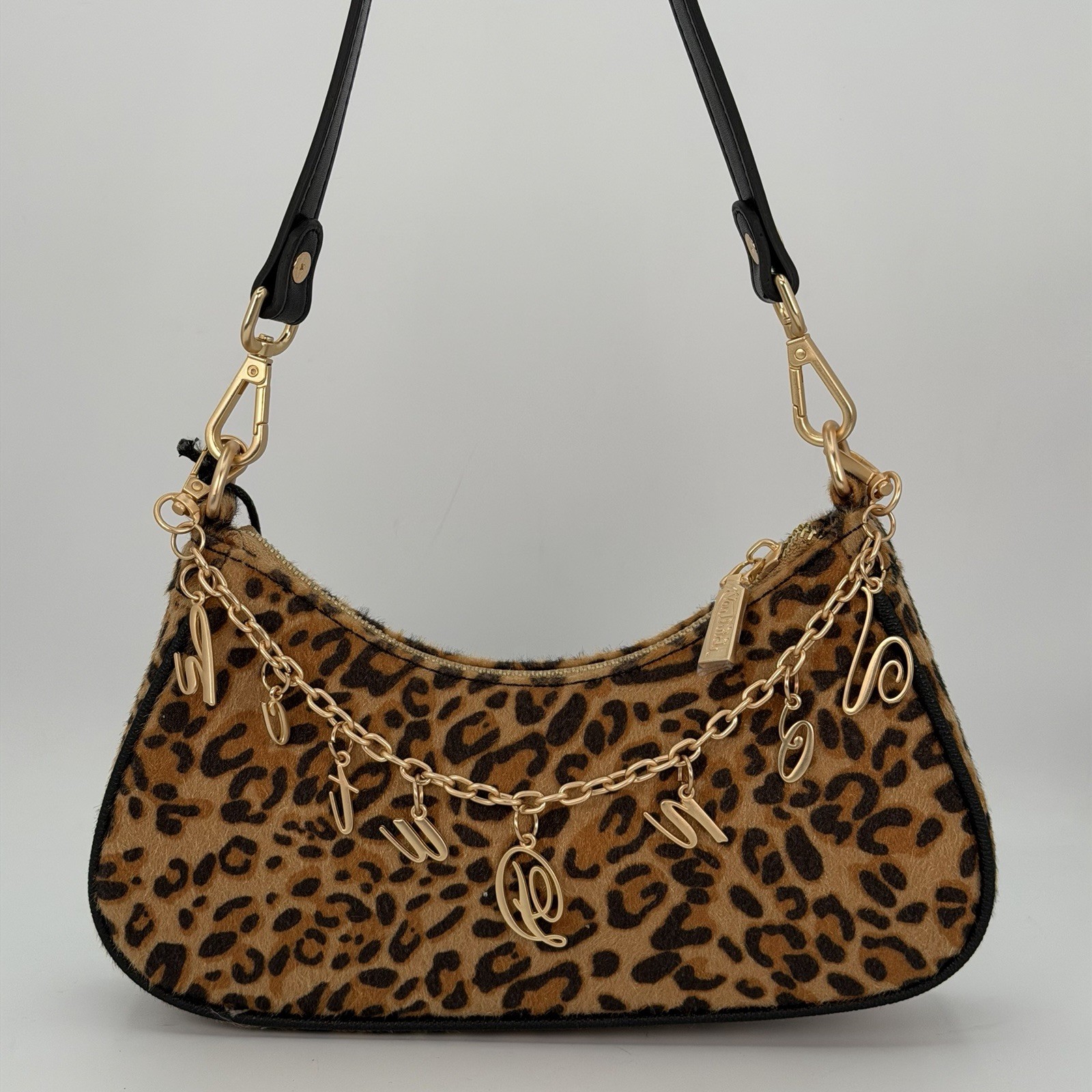 Von Dutch Crescent Shoulder Bag Leopard Print Brown & Black Gold Zip With Charm