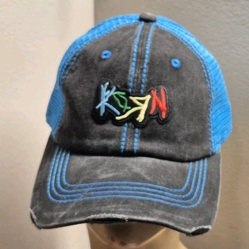 Korn Hat Distressed Ball Cap Hat Black & Neon Blue Mesh Hat